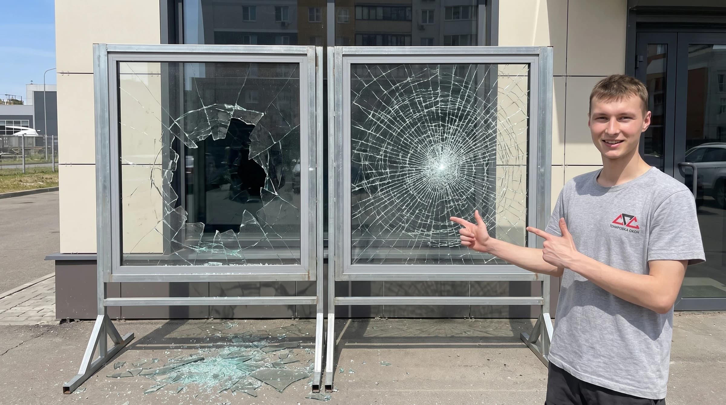 Сравнение разрушенного стекла и осколков, удерживаемых плёнкой
